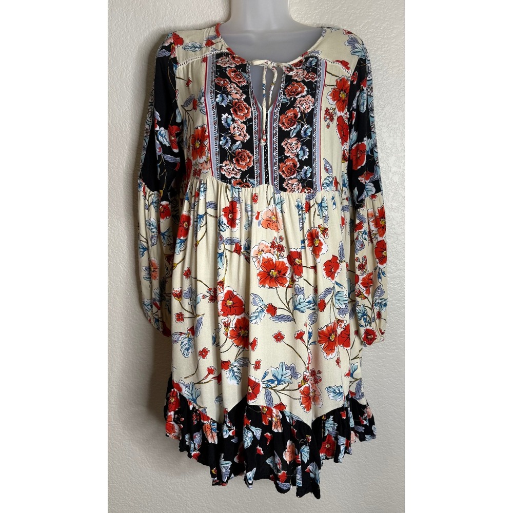 Patrons of Peace Womens Medium Mini Dress Cream Floral Boho Ruffle Long Sleeve